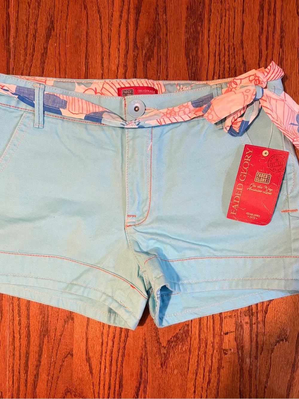 Faded Glory Teal, Cream & Tan Women's Casual Shorts Trio with Floral Tie Belts
